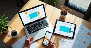 Designer ajustando site responsivo em diferentes dispositivos sobre a mesa