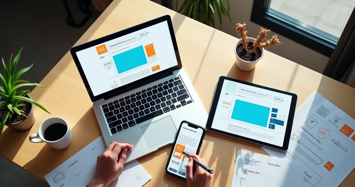 Designer ajustando site responsivo em diferentes dispositivos sobre a mesa