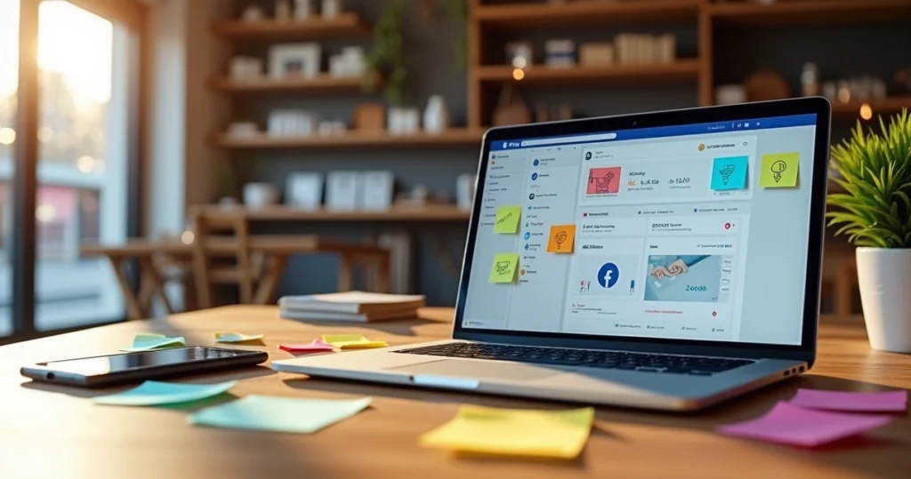 Empresário analisando campanha com anúncios do Facebook na tela do notebook