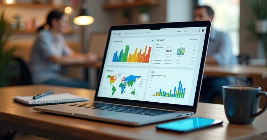 Empresário analisando painel do Google Ads em notebook