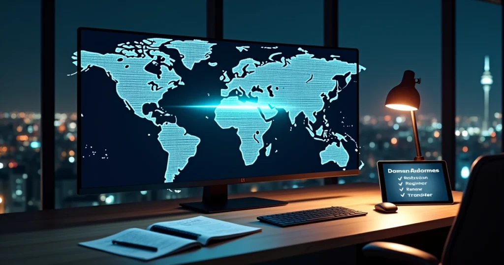 Painel digital com mapa de domínios e endereço de site em destaque