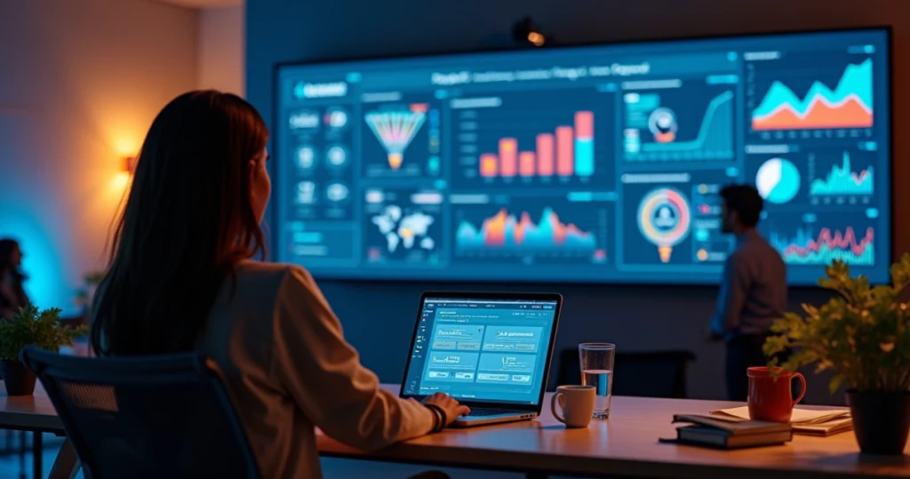 Executiva analisa painel de remarketing com gráficos e anúncios digitais em tela gigante