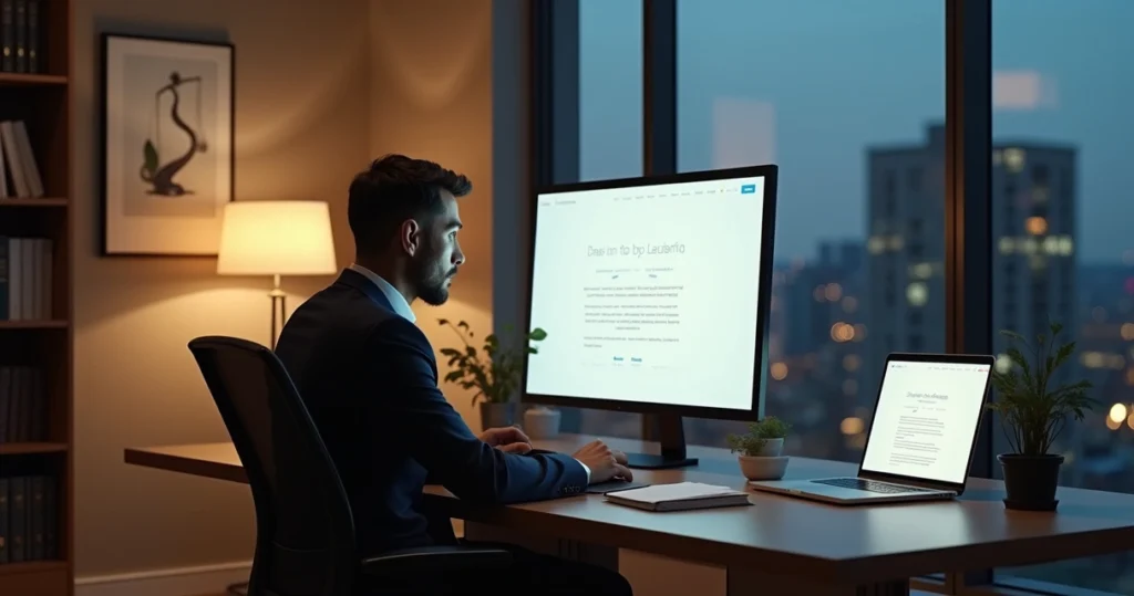 Advogado em escritório moderno analisando layout de site jurídico em grande tela vertical