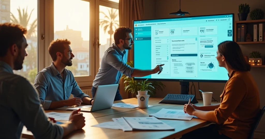 Três empreendedores brasileiros analisando um site WordPress em grande tela no escritório