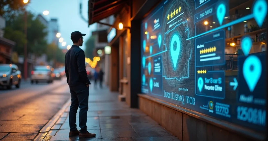 Empresário olha vitrine com mapa online mostrando perfil do negócio em destaque