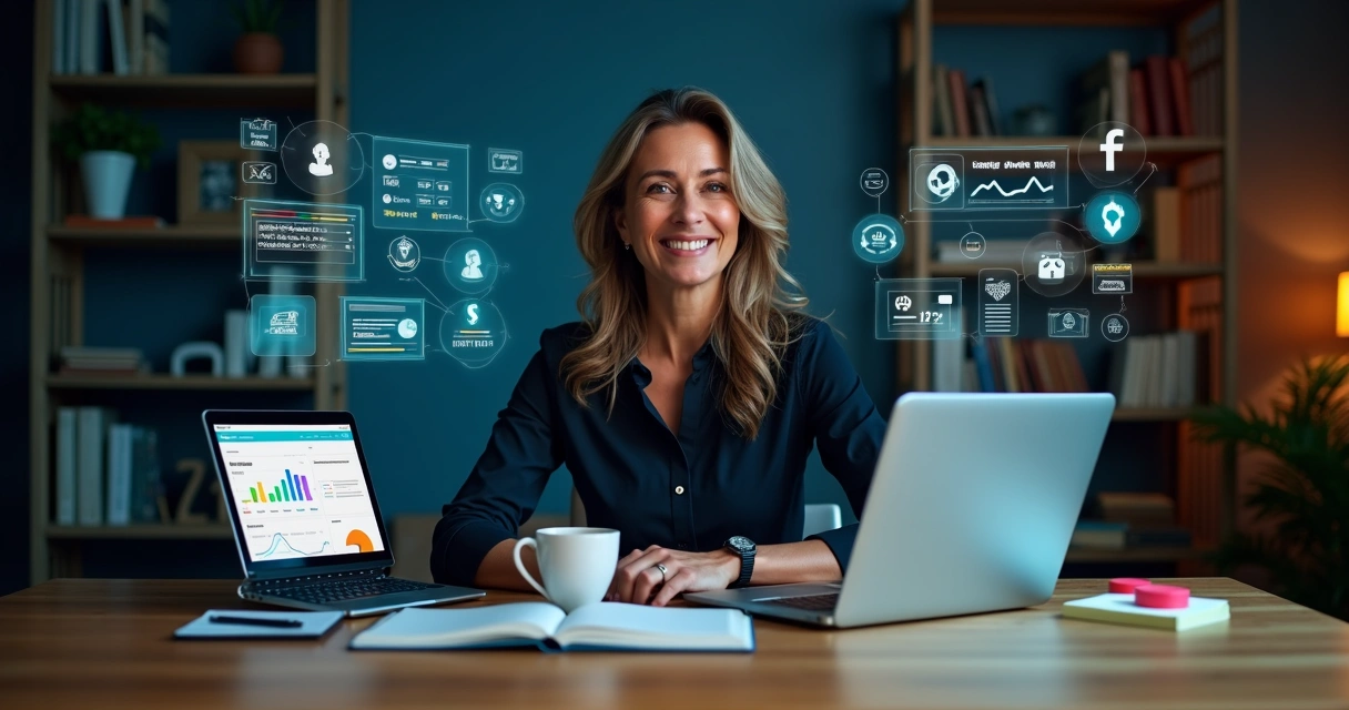 Empreendedora planeja estratégia de presença digital com várias telas e ícones online