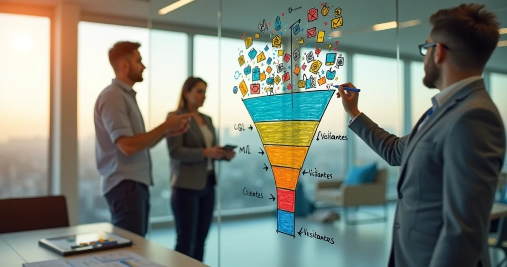Equipe em escritório moderno analisando funil de leads desenhado em vidro transparente