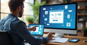 Profissional analisa landing page com funil de leads em tela grande