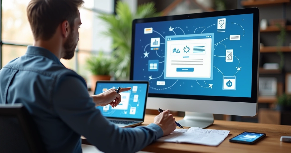 Profissional analisa landing page com funil de leads em tela grande