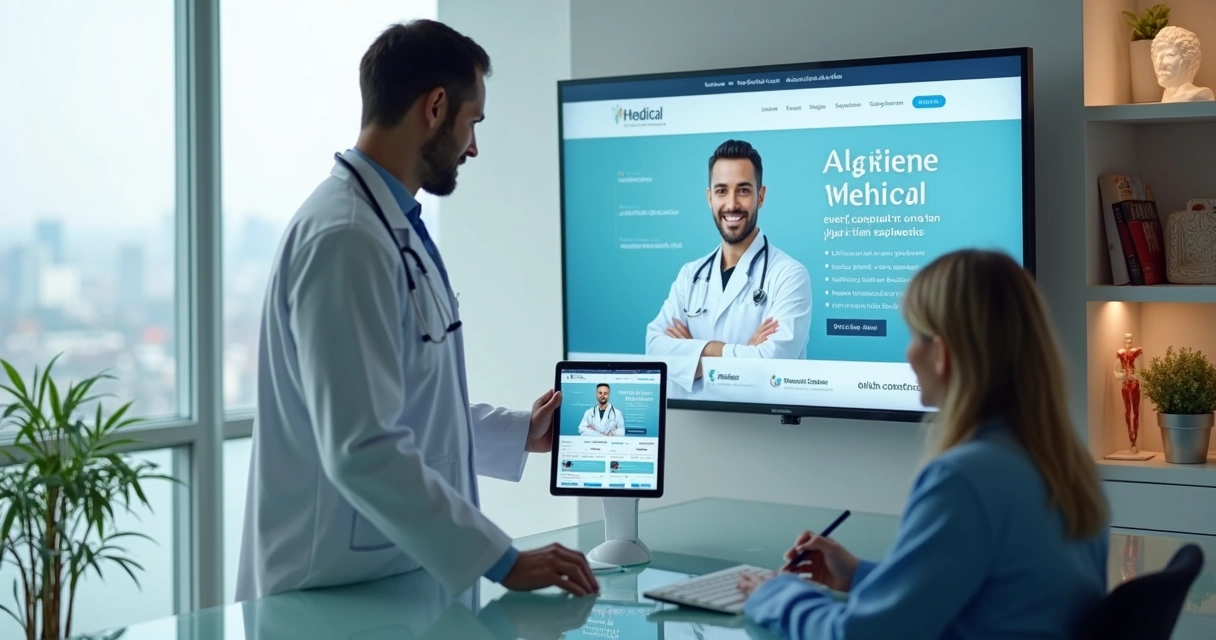 Médico observando layout de site em tela grande ao lado de paciente