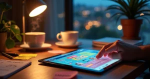 Cliente clicando em oferta chamativa em landing page colorida em tela de tablet