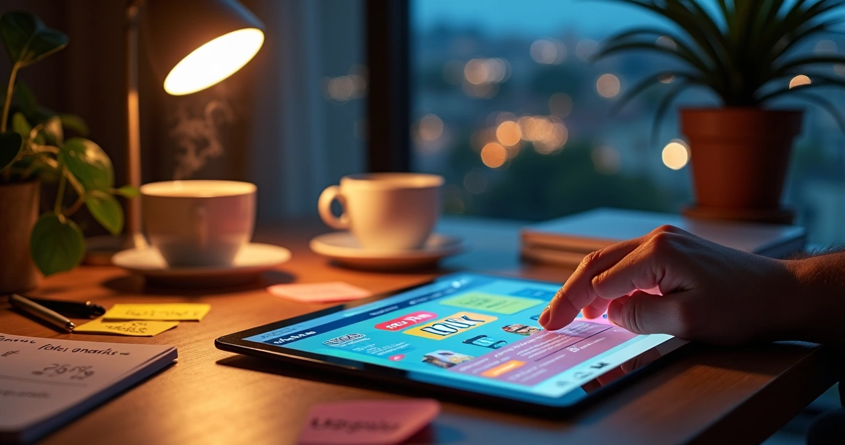 Cliente clicando em oferta chamativa em landing page colorida em tela de tablet