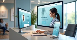 Recepcionista de clínica médica usando computador com site de consultório na tela