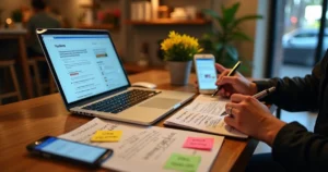Redator escrevendo texto persuasivo para pequeno negócio em caderno e notebook