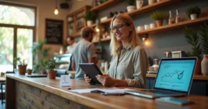Dona de cafeteria usando tablet com gráficos de SEO ao lado do balcão