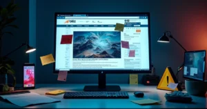 Tela de site institucional quebrada com avisos de erro e elementos desalinhados