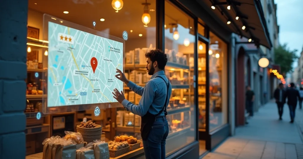 Dono de pequeno comércio organizando vitrine com mapa digital projetado ao fundo