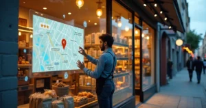 Dono de pequeno comércio organizando vitrine com mapa digital projetado ao fundo
