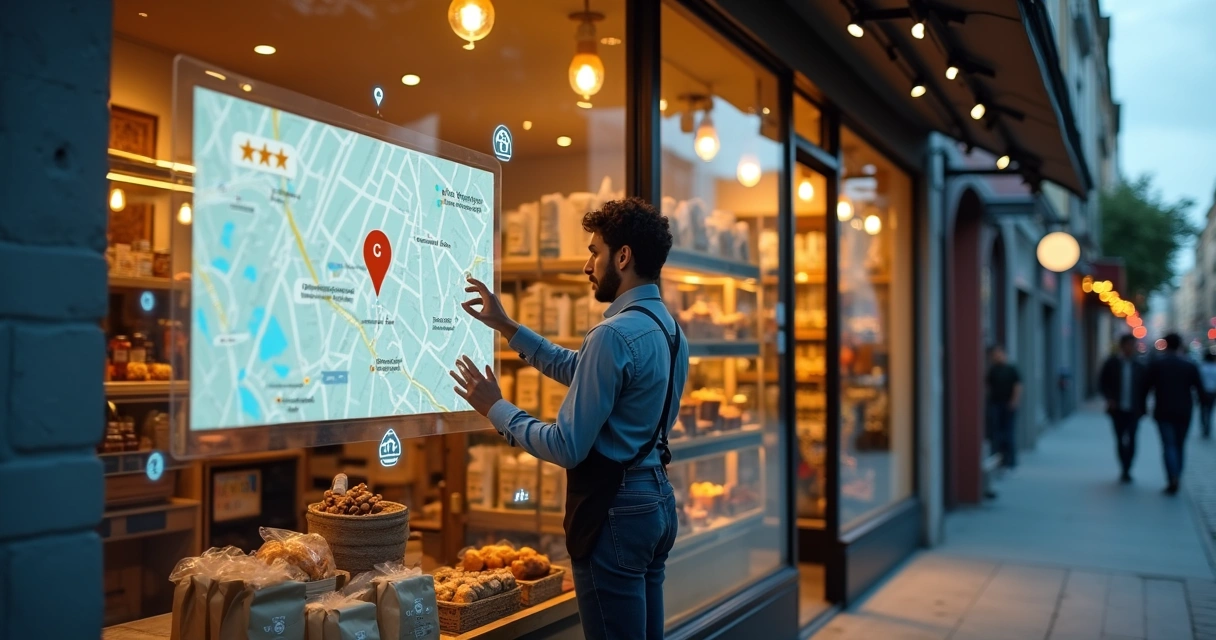 Dono de pequeno comércio organizando vitrine com mapa digital projetado ao fundo