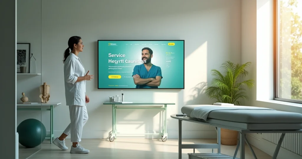 Fisioterapeuta em consultório planejando site profissional em grande tela